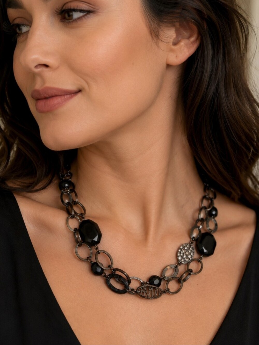 3/$30 Vtg Gunmetal Black Beaded Oval Link Layered Torsade Mod Chain Necklace